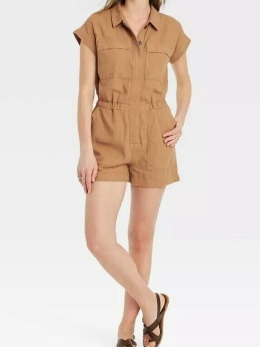 Universal Thread Women's Brown Short Sleeve Collared Linen Blend Romper Size 6